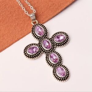 Purple Amethyst, Simulated, Retro Cross Pendant Silver Plated Necklace